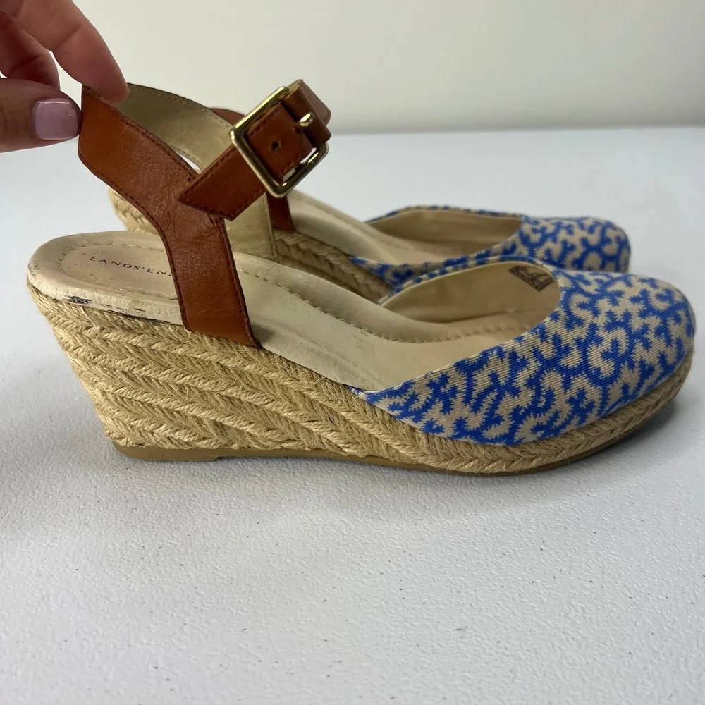 Lands' End Cara Espadrille Wedge Slingback Sandals Ankle Strap Blue Cream Size 7